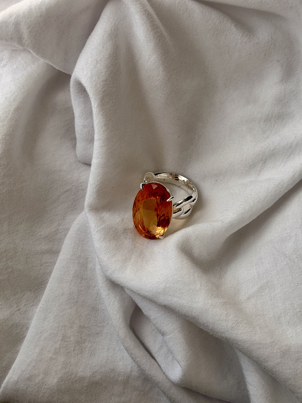 Long Oval Reconstituted Imperial Topaz Silver Plated Ring Size 7